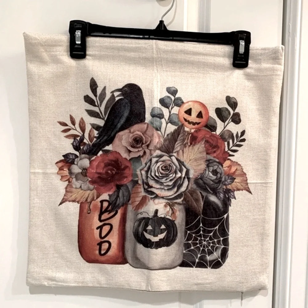 Halloween Pumpkin Crow Floral Throw Pillow Cover 17X17